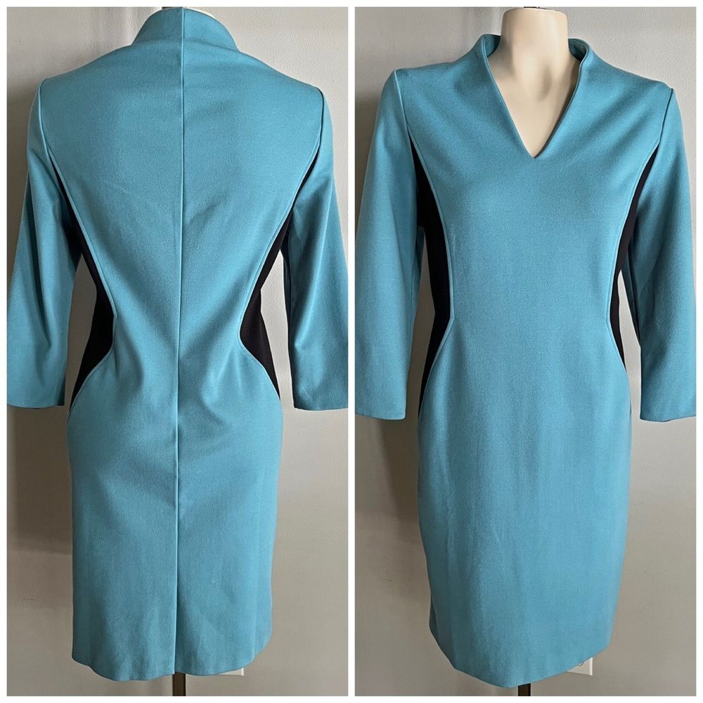 Randolph Duke Blue Black Colorblock Sheath Dress Size 12 Hourglass Illusion